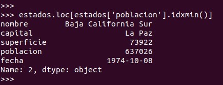 Python pandas: obtener el valor mínimo de la columna población  de nuestro dataframe