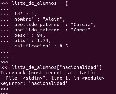 Si utilizamos una clave / key  que no existe en el dictionary, Python marcará error.