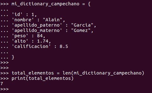 Para saber cuantos elementos integran un dictionary, utilizamos la función LEN