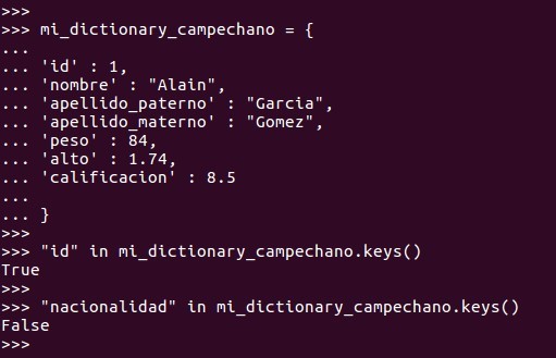 Si queremos buscar una clave / key en un dictionary, utilizamos el comando IN con la función keys()