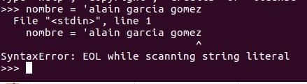 Si omitimos una comilla, al inicio o al final de nuestro string, Python se quejará y nos mandará un mensaje de error.