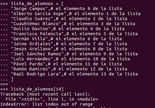 Si utilizamos un número de elemento que no existe en la lista, Python marcará error.