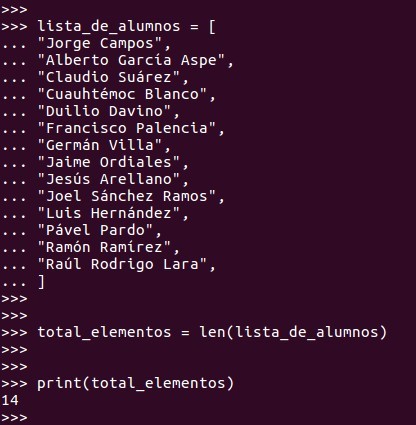 Para saber cuantos elementos integran la lista, utilizamos la función len(nombre_de_la_lista).