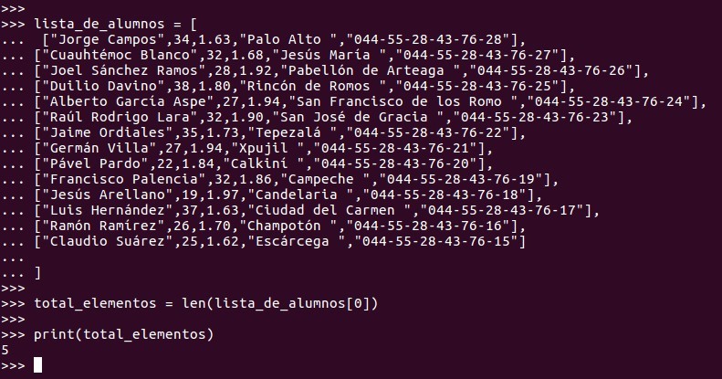 Para saber cuantos elementos tiene una lista dentro una lista multidimensional, utilizamos la función:  len(nombre_de_la_lista[elemento_a_contar])