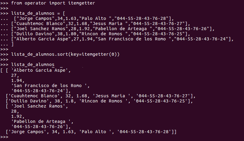 Para ordenar una lista multidimensional utilizamos también la función SORT. Pero también necesitamos importar el módulo / librería itemgetter 