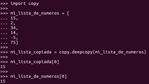 Para copiar  una lista  necesitamos importar el módulo / librería COPY y luego utilizamos la función DEEPCOPY