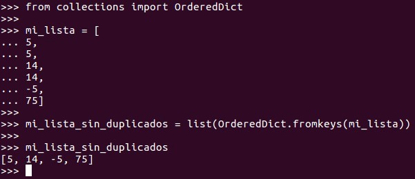 Con list(OrderedDict.fromkeys(mi_lista)) eliminamos duplicados  manteniendo el orden orignal de la lista / list 