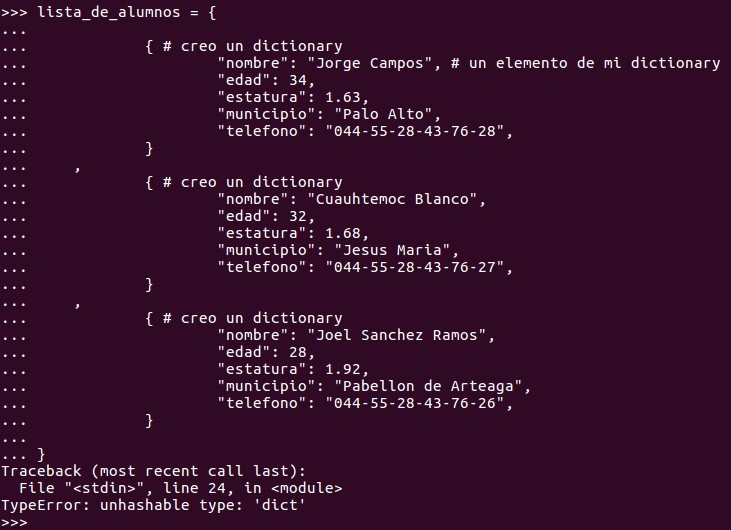 No es posible crear un set multidimensional que almacene dictionaries