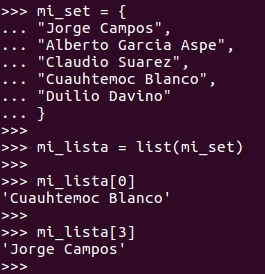 Para recuperar un elemento de un set una solución es convertir el set en una lista... para ello utilizamos la función list()