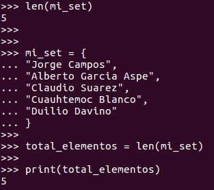 Para saber cuantos elementos integran un set, utilizamos la función len(nombre_del_set).