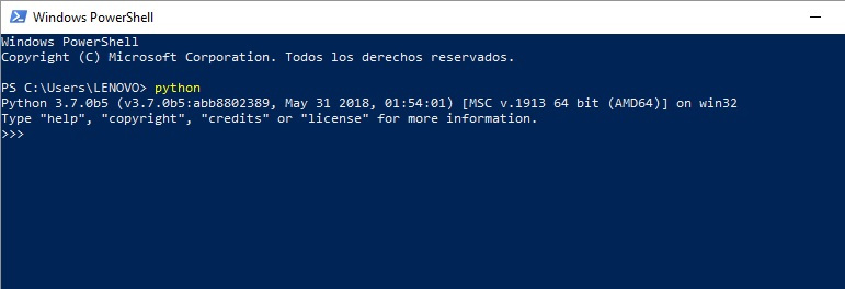 Python también funciona desde el powershell de windows