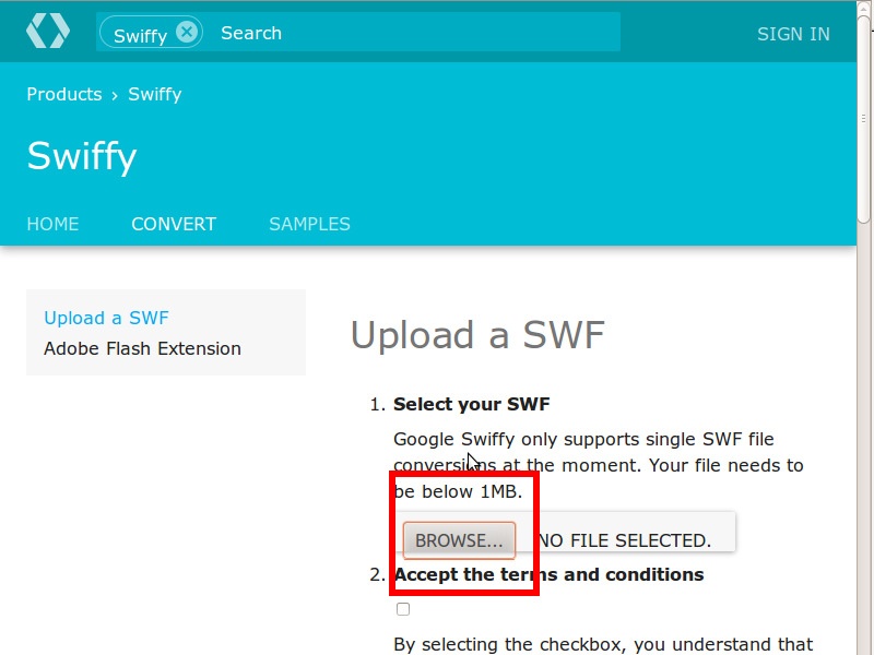 Swiffy se debe hacer click en BROWSE / EXAMINAR