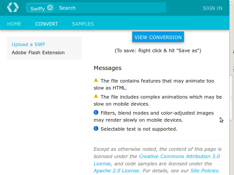 Algunos métodos / funciones de ActionScript 3 no pueden ser convertidos a Canvas con Swiffy.