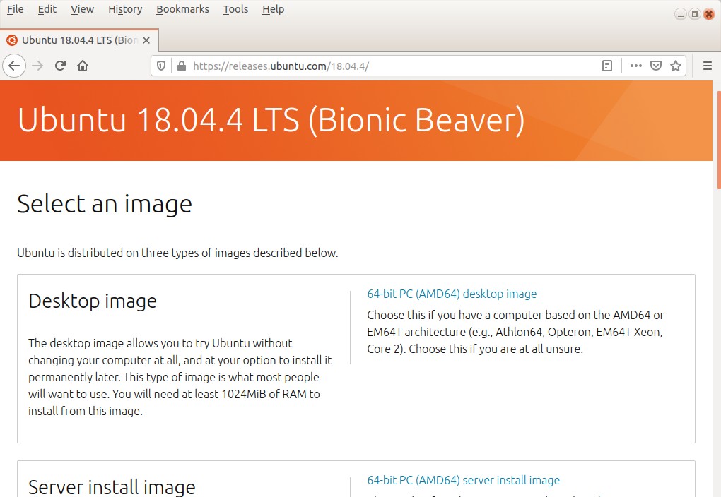 Descargue el archivo iso de instalación de Ubuntu 18.04 LTS desde el sitio