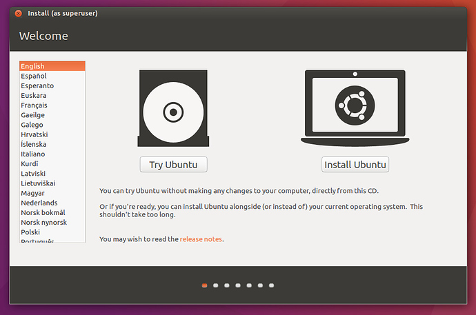 Ubuntu tuvo la delicadeza de preguntarme que quería hacer: ¿probar ubuntu? o ¿instalar ubuntu? Elegí probar ubuntu.