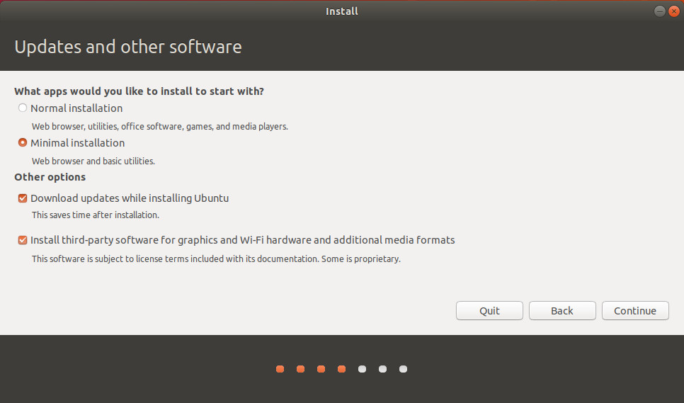 El siguiente paso es determinar que tipo de instalación se hará. Ubuntu 18 permite hacer una instalación mínima (minimal installation) que instalará solo los componenetes básicos.